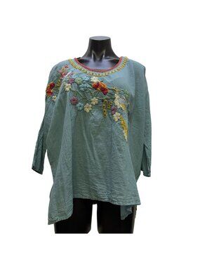 Johnny Was Embroidered Floral Boho Tunic Blouse Blue Multi M
